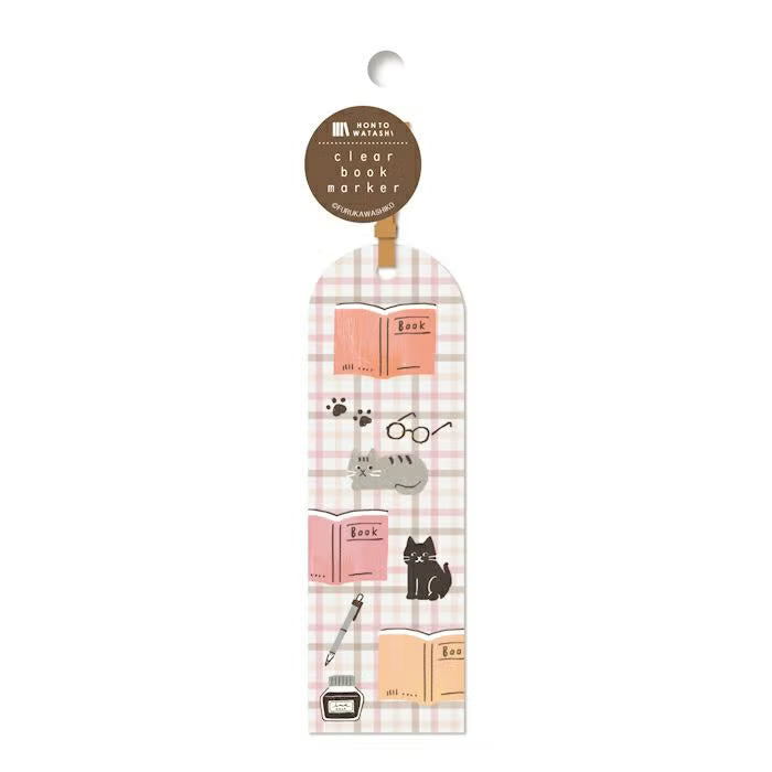 Furukawa Shiko x Hontowatashi Clear Bookmarker Cat Pink Check