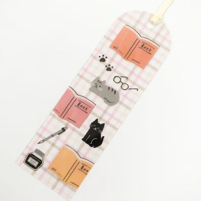 Furukawa Shiko x Hontowatashi Clear Bookmarker Cat Pink Check