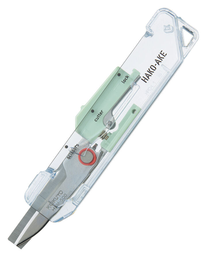 Kokuyo Transparent Mechanism HAKOAKE 2-Way Compact Cutter with Scissors Green