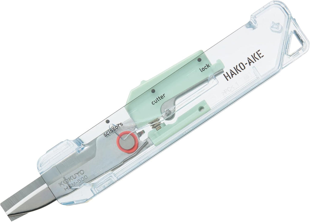 Kokuyo Transparent Mechanism HAKOAKE 2-Way Compact Cutter with Scissors Green