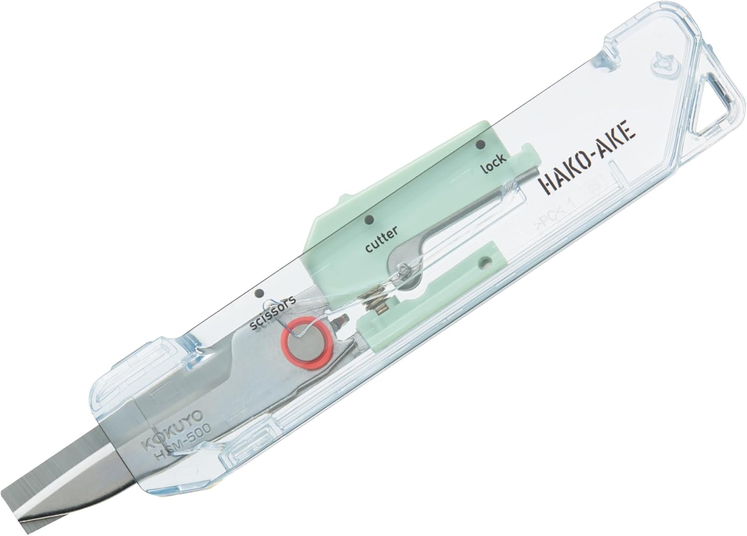 Kokuyo Transparent Mechanism HAKOAKE 2-Way Compact Cutter with Scissors Green