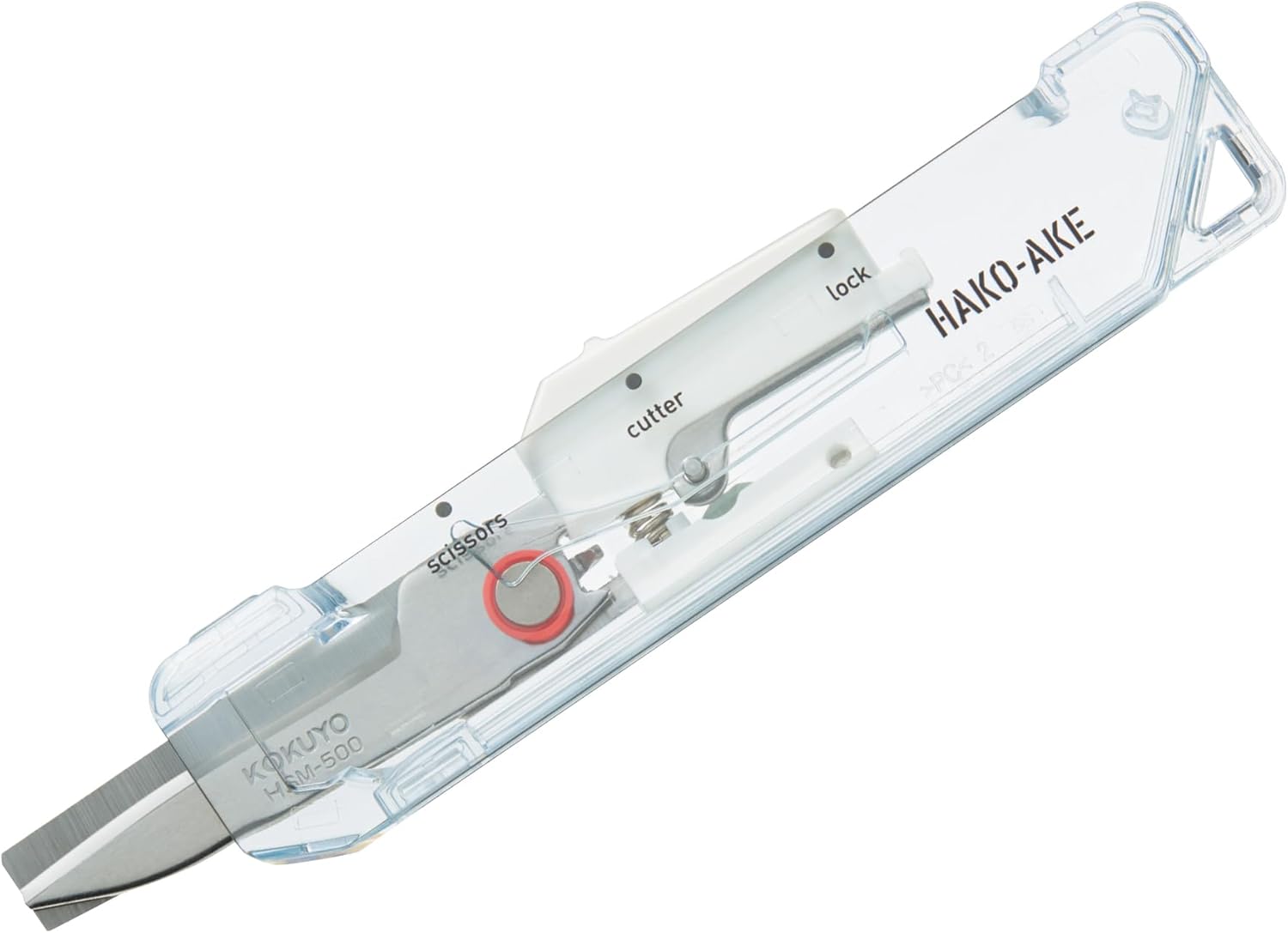 Kokuyo Transparent Mechanism HAKOAKE 2-Way Compact Cutter with Scissors - White