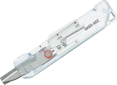 Kokuyo Transparent Mechanism HAKOAKE 2-Way Compact Cutter with Scissors - White