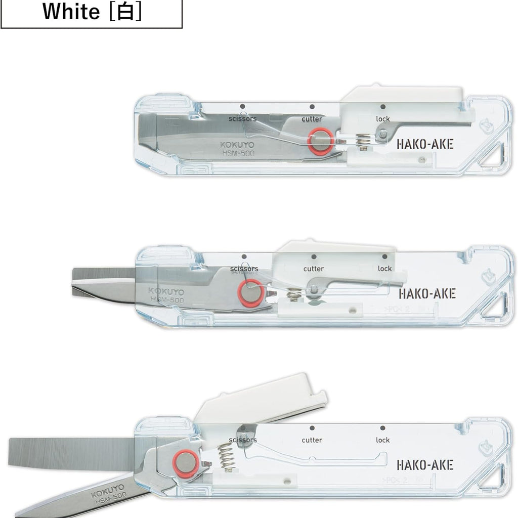 Kokuyo Transparent Mechanism HAKOAKE 2-Way Compact Cutter with Scissors - White