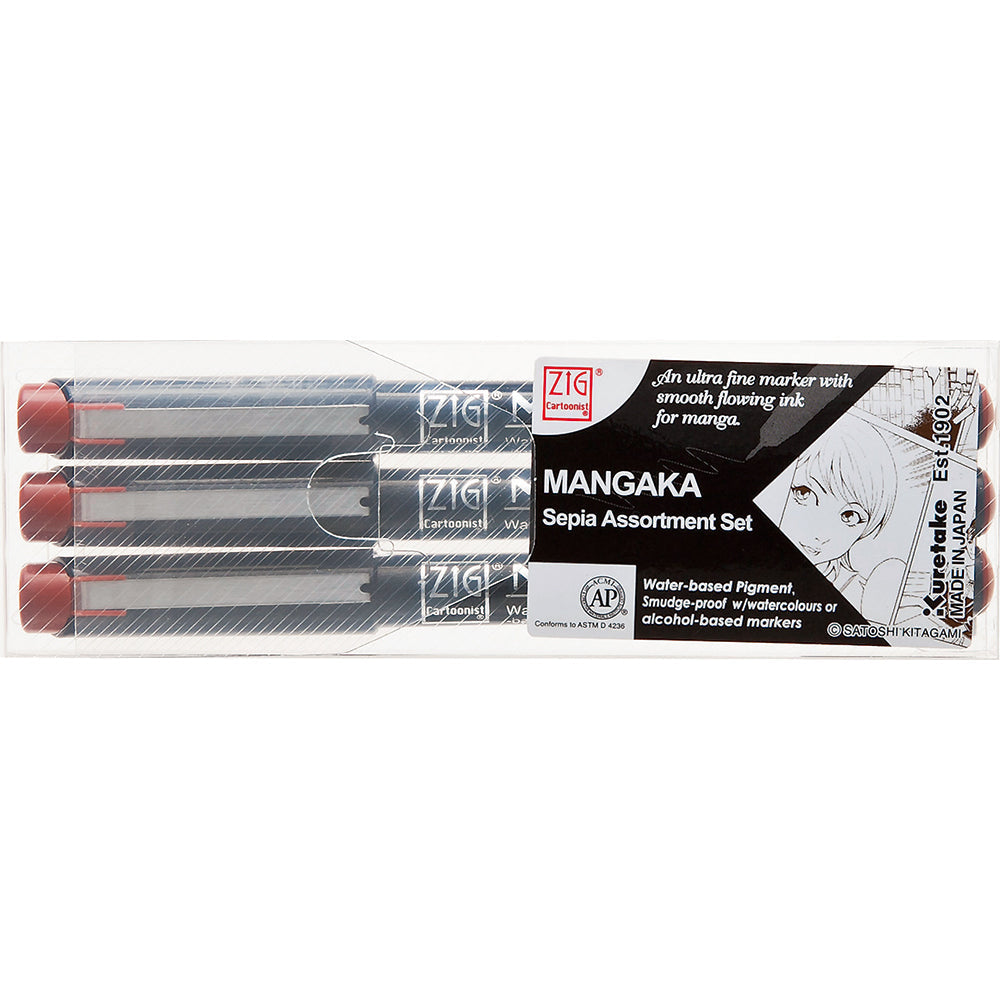 Kuretake ZIG Cartoonist MANGAKA Sepia 3 Pen Set