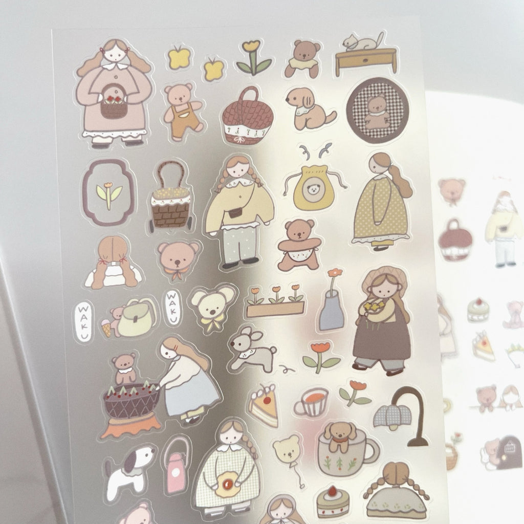 Ranmyu PET Stickers - Girl with a Tulip Hat and a Bear