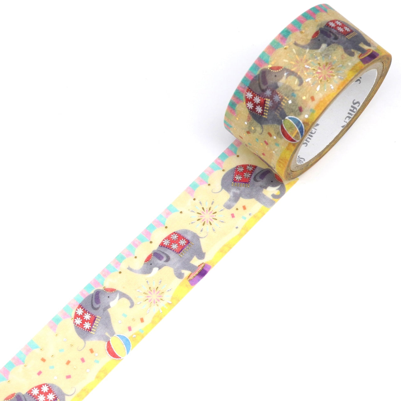 SAIEN Washi Tape - Gold and Silver Foil Elephant Circus