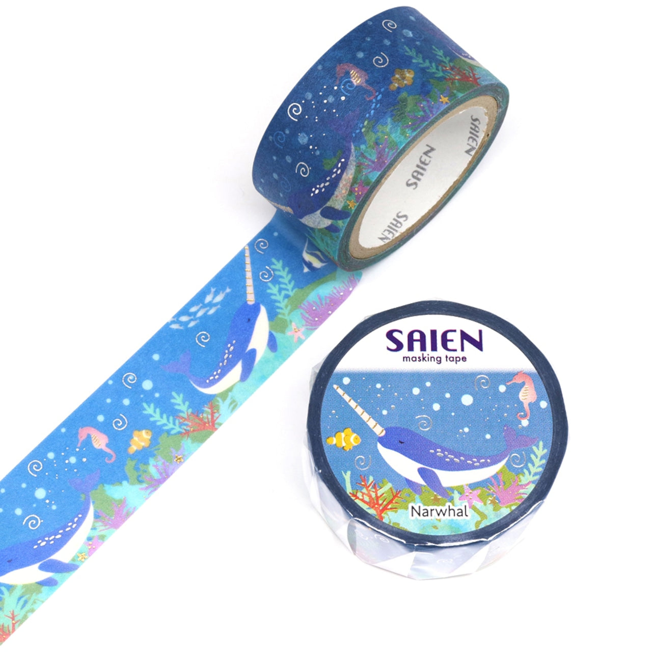 SAIEN Washi Tape - Gold and Silver Foil Narwhal