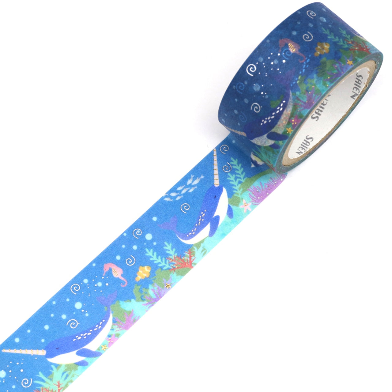 SAIEN Washi Tape - Gold and Silver Foil Narwhal
