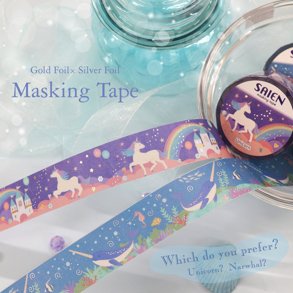 SAIEN Washi Tape - Gold and Silver Foil Narwhal