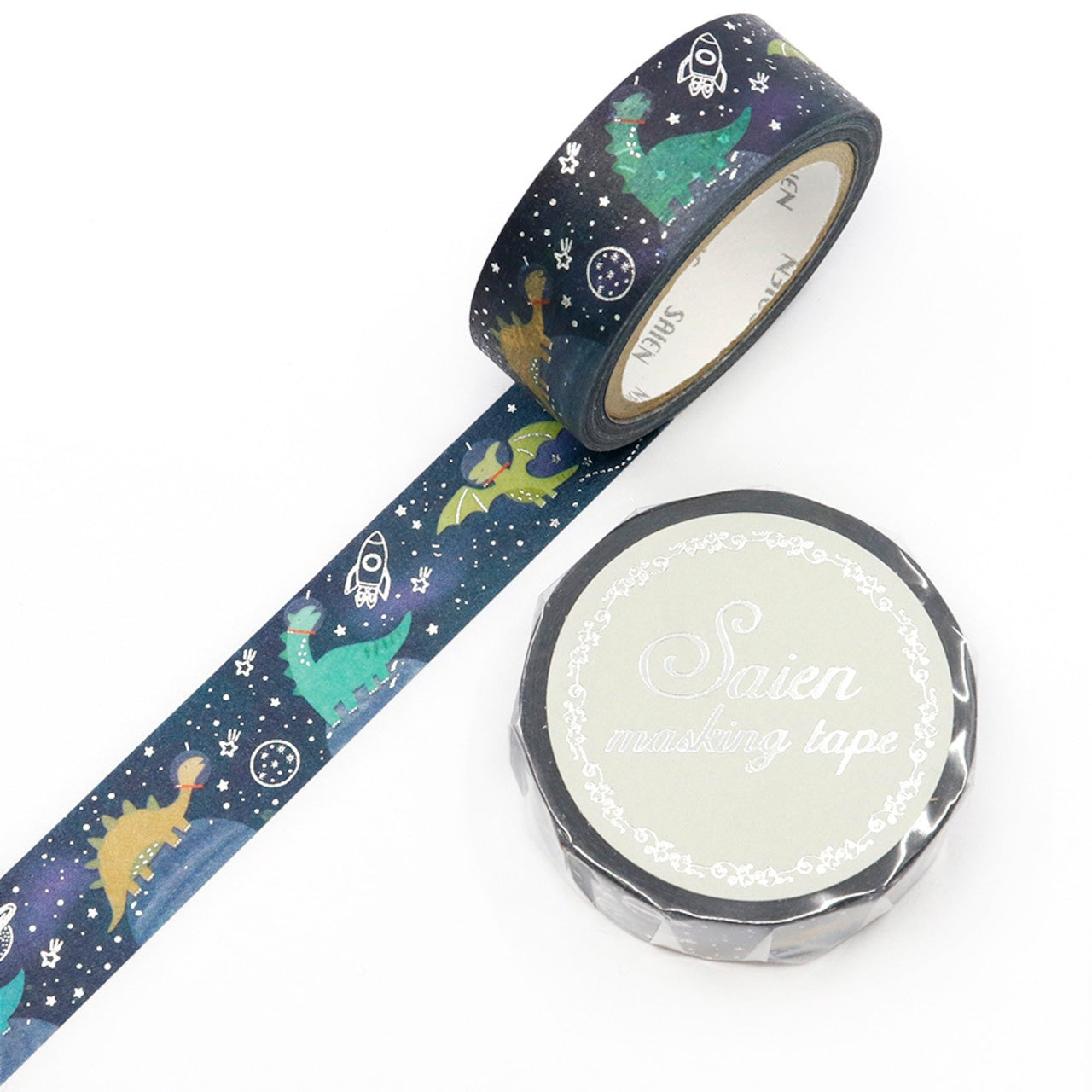 SAIEN Washi Tape - Silver Foil Space Dinosaur