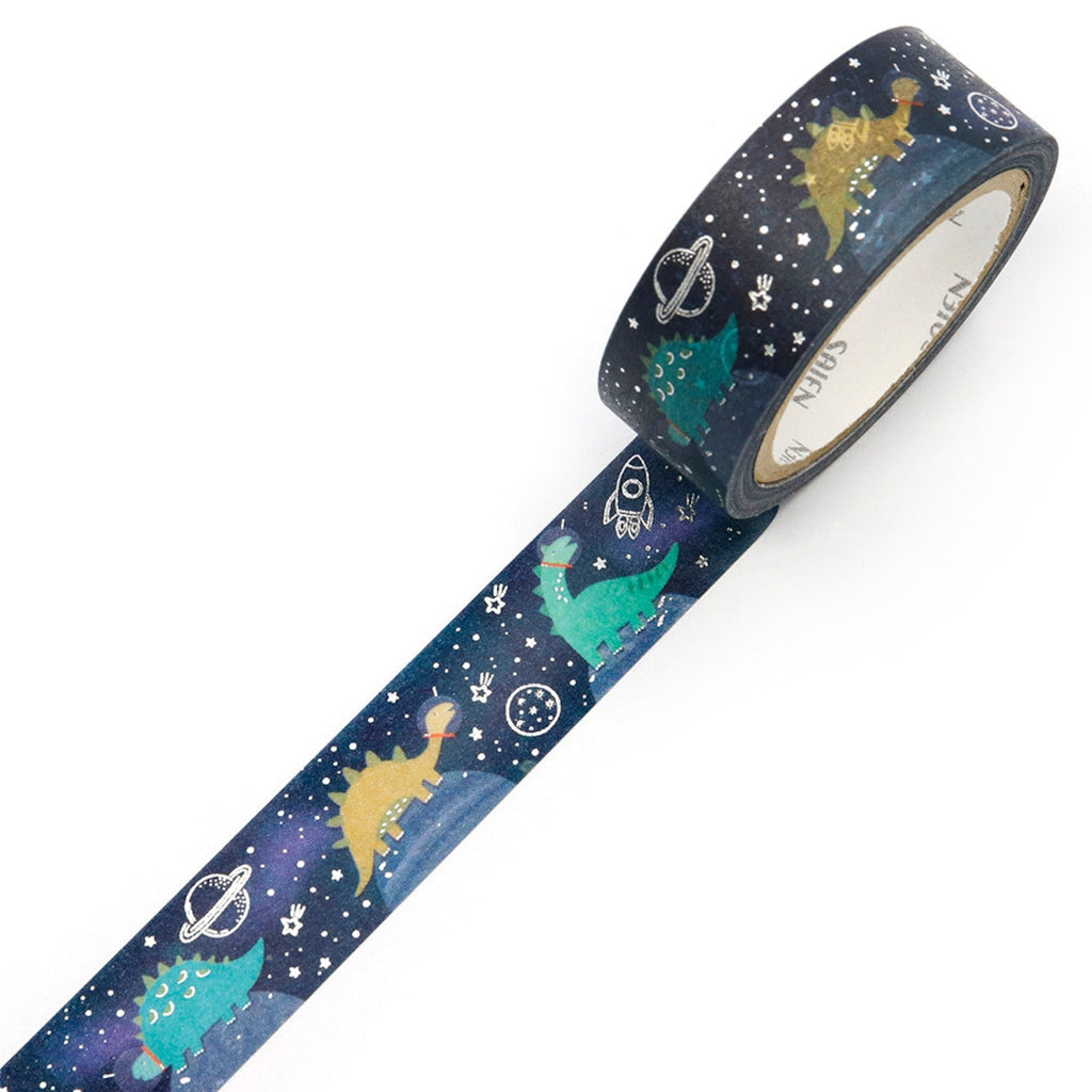 SAIEN Washi Tape - Silver Foil Space Dinosaur